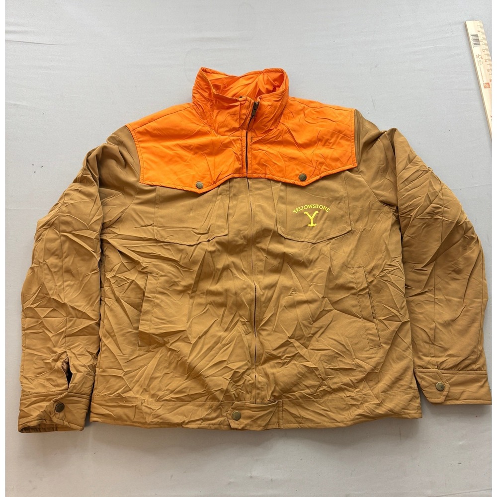 Yellowstone TV Show Dutton Ranch Jacket Mens Large Tan Orange Y Logo Zip Up